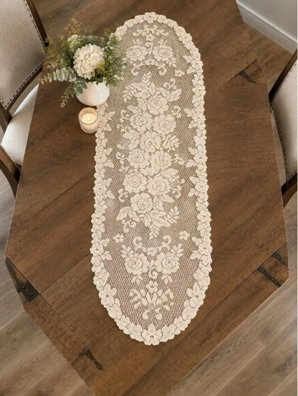 Vintage Ivory Floral Lace Table Runner 52" x 15" Rose Scalloped Cottage Decor